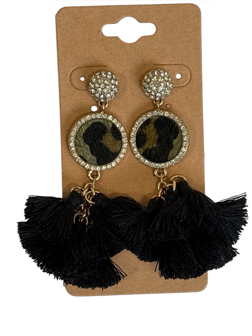 New green black faux fur animal print and tassel statement earrings
